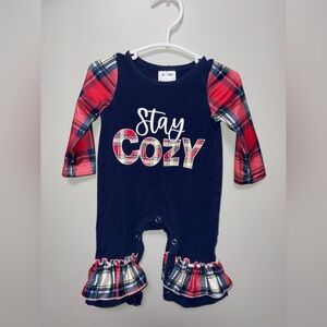 Unbranded boutique navy red plaid stay cozy romper‎ ruffles girly 0-3 m girls